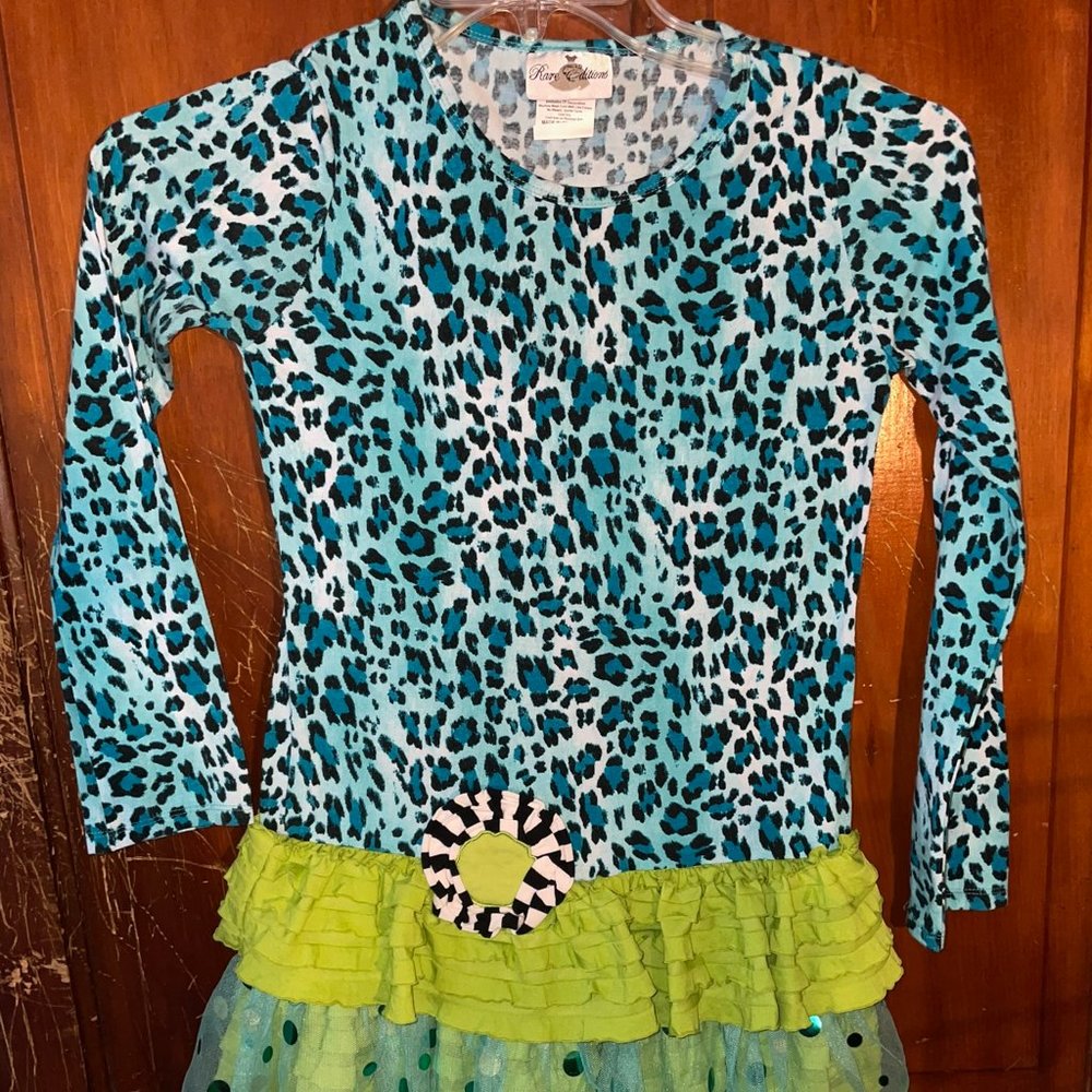 Girls Size 14 Leopard Cheetah Print Dress Teal Lime Green Rare Editions